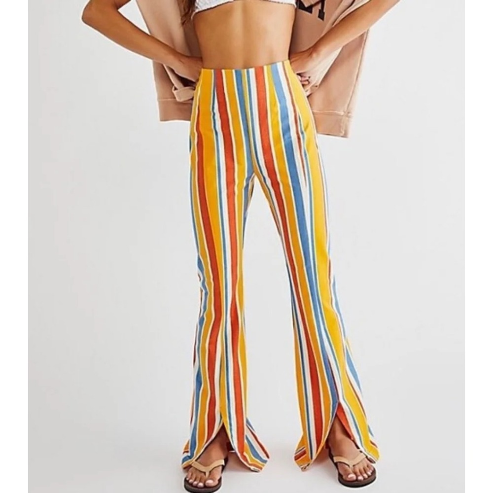 Free People Striped Flare Pants Women XS Multicolor High Rise Slit Hem